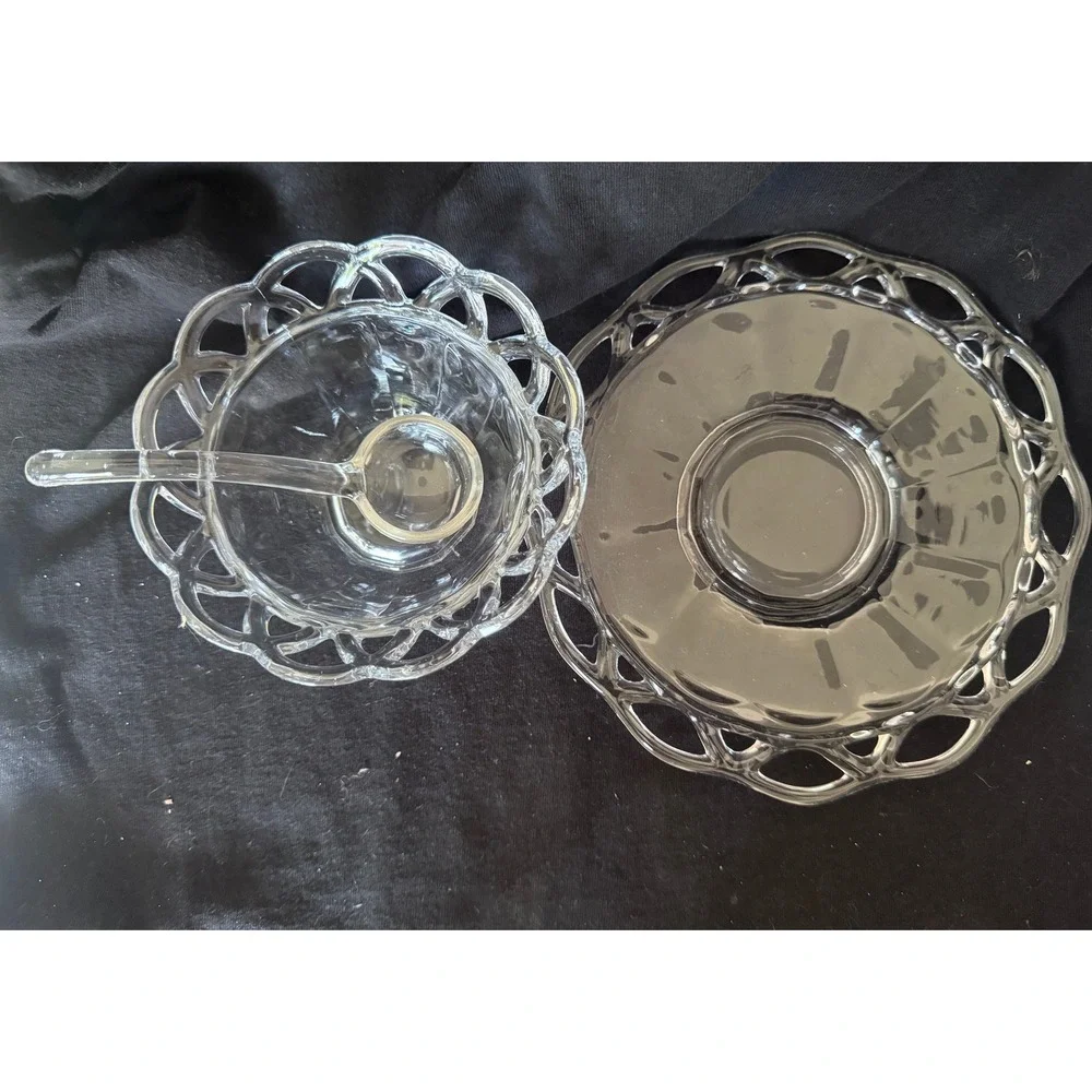 Vintage Clear Glass Mayonnaise Set Lace Edge Bowl Underplate Ladle 3pc Sauce Set